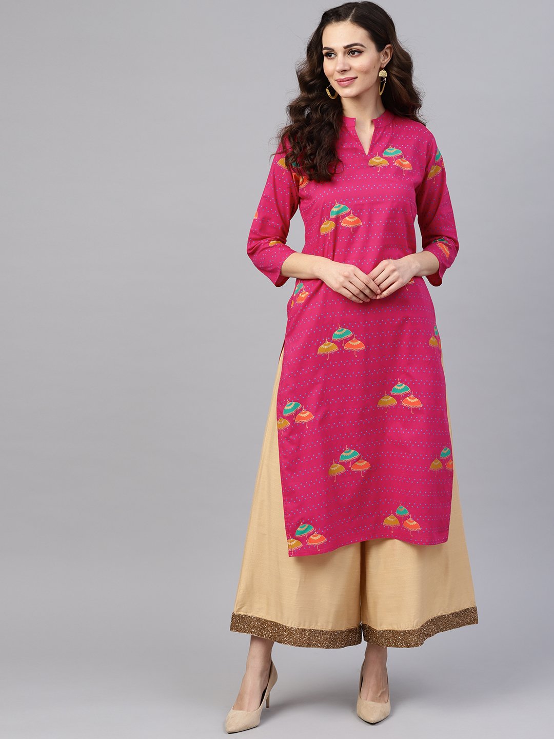 Pink 3/4Th Sleeve Umbrella Printed Cotton Kurta | LASVINI - Redefining Indian Fashion with Elegance
