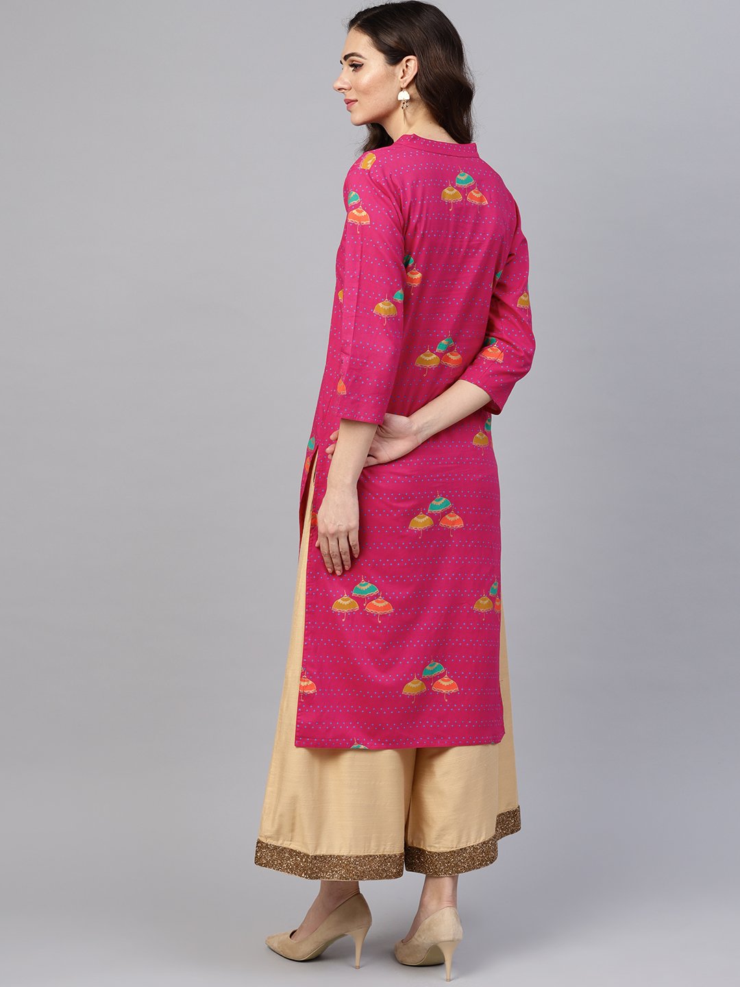 Pink 3/4Th Sleeve Umbrella Printed Cotton Kurta | LASVINI - Redefining Indian Fashion with Elegance
