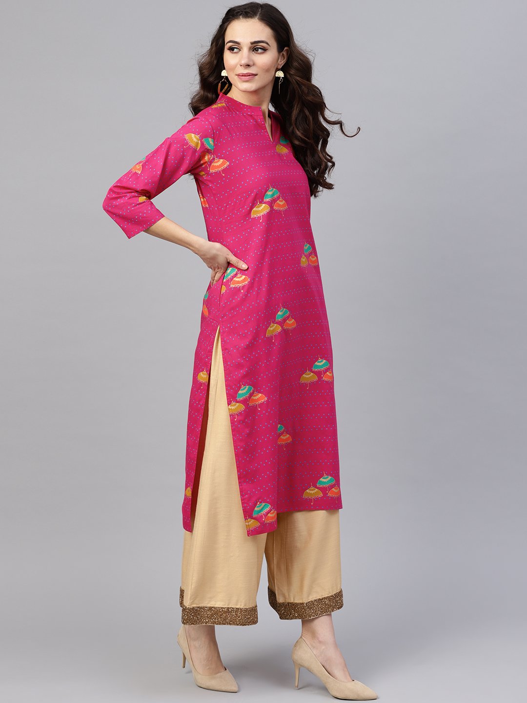 Pink 3/4Th Sleeve Umbrella Printed Cotton Kurta | LASVINI - Redefining Indian Fashion with Elegance