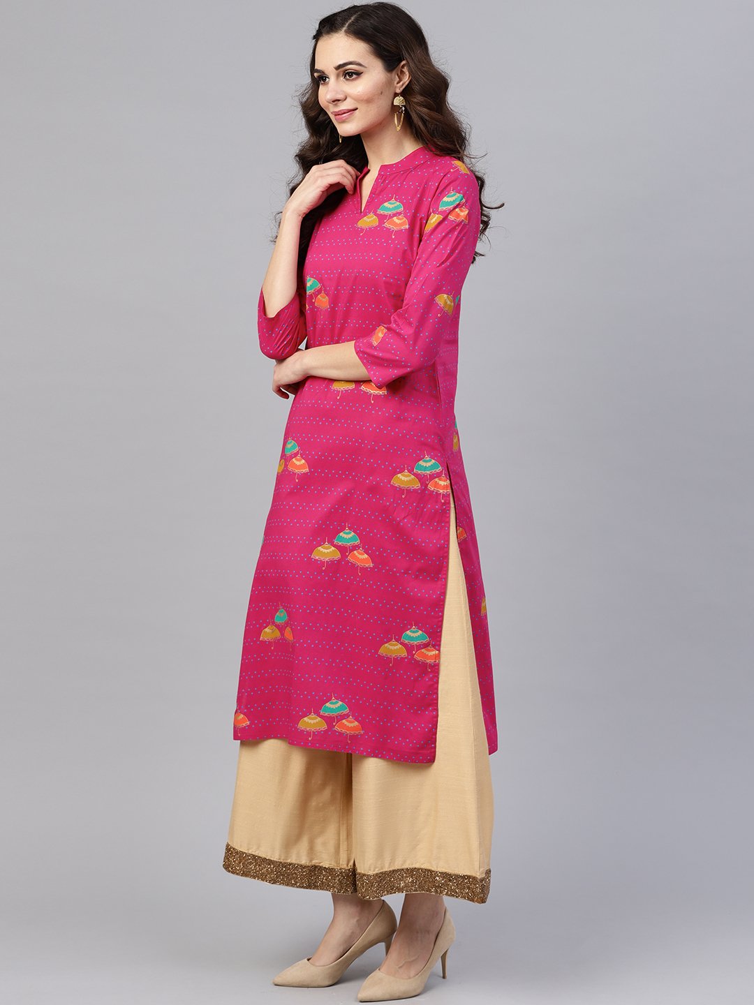 Pink 3/4Th Sleeve Umbrella Printed Cotton Kurta | LASVINI - Redefining Indian Fashion with Elegance