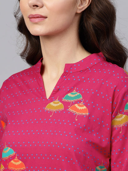 Pink 3/4Th Sleeve Umbrella Printed Cotton Kurta | LASVINI - Redefining Indian Fashion with Elegance