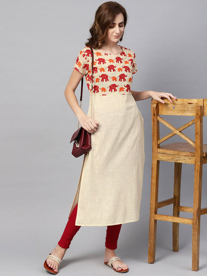 Off White Elephant Printed Cap Sleeve Kurta | LASVINI - Redefining Indian Fashion with Elegance