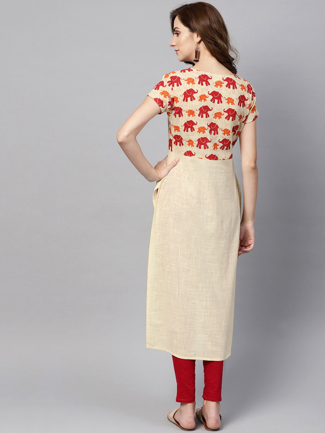 Off White Elephant Printed Cap Sleeve Kurta | LASVINI - Redefining Indian Fashion with Elegance
