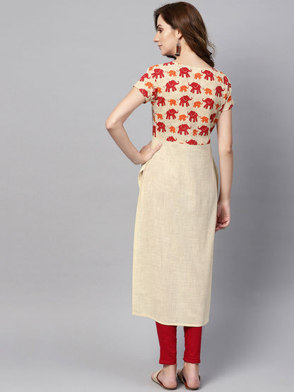 Off White Elephant Printed Cap Sleeve Kurta | LASVINI - Redefining Indian Fashion with Elegance