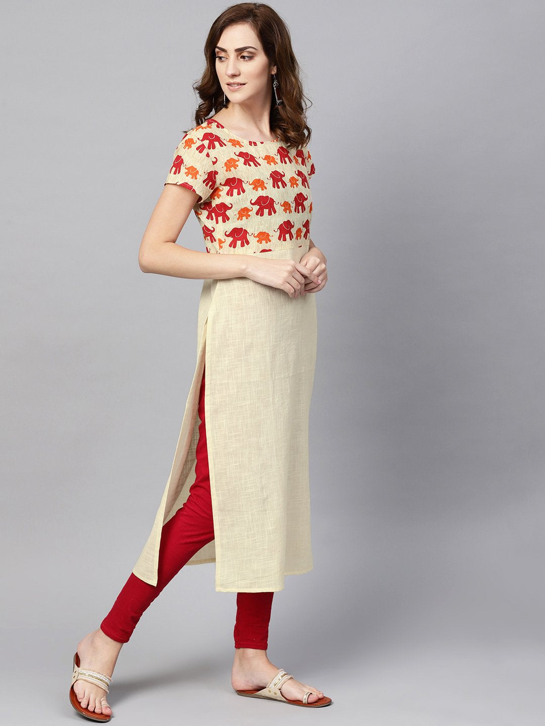 Off White Elephant Printed Cap Sleeve Kurta | LASVINI - Redefining Indian Fashion with Elegance