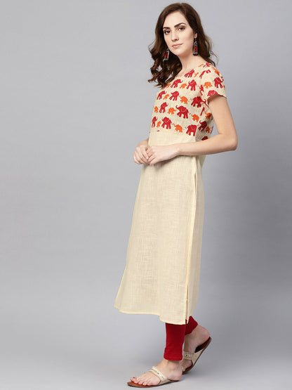 Off White Elephant Printed Cap Sleeve Kurta | LASVINI - Redefining Indian Fashion with Elegance