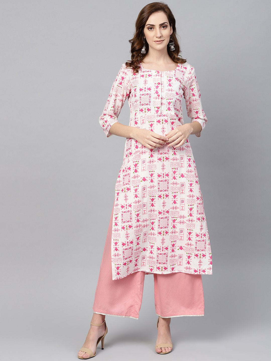 Off White Printed 3/4Th Sleeve Cotton Kurta | LASVINI - Redefining Indian Fashion with Elegance