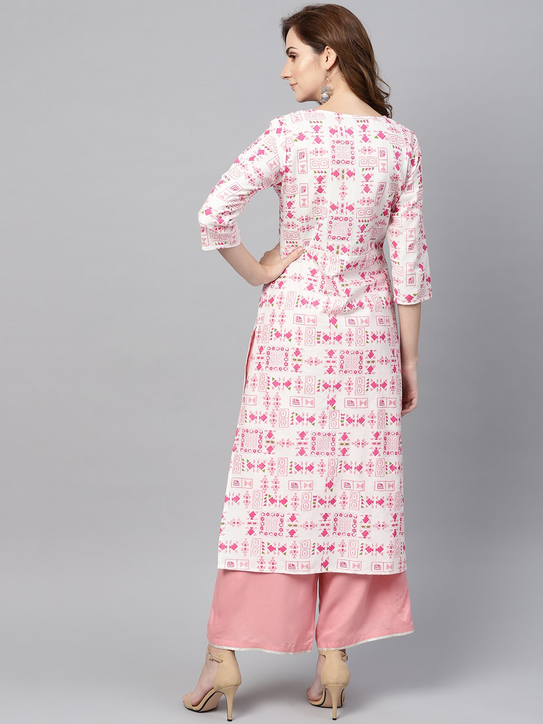 Off White Printed 3/4Th Sleeve Cotton Kurta | LASVINI - Redefining Indian Fashion with Elegance