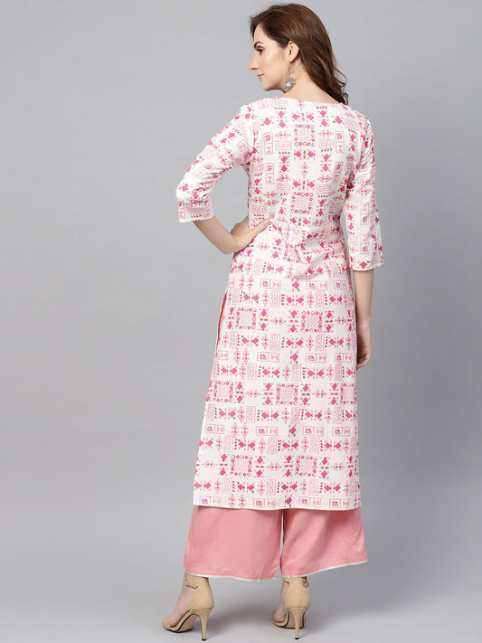 Off White Printed 3/4Th Sleeve Cotton Kurta | LASVINI - Redefining Indian Fashion with Elegance