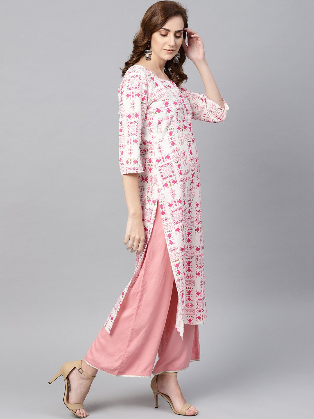 Off White Printed 3/4Th Sleeve Cotton Kurta | LASVINI - Redefining Indian Fashion with Elegance