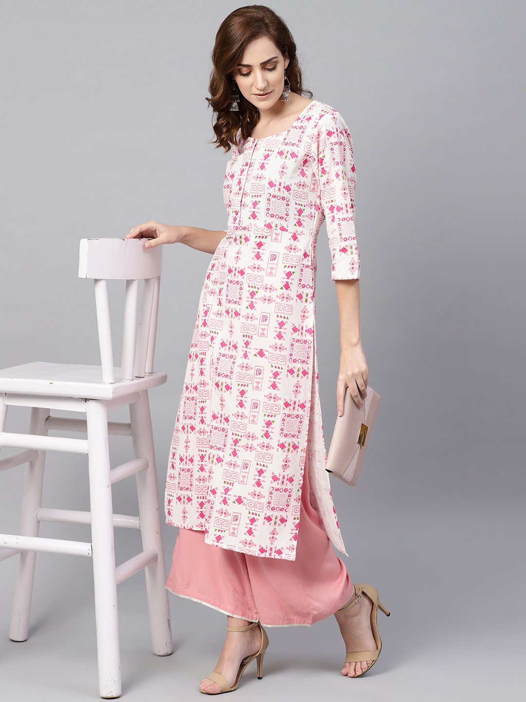 Off White Printed 3/4Th Sleeve Cotton Kurta | LASVINI - Redefining Indian Fashion with Elegance