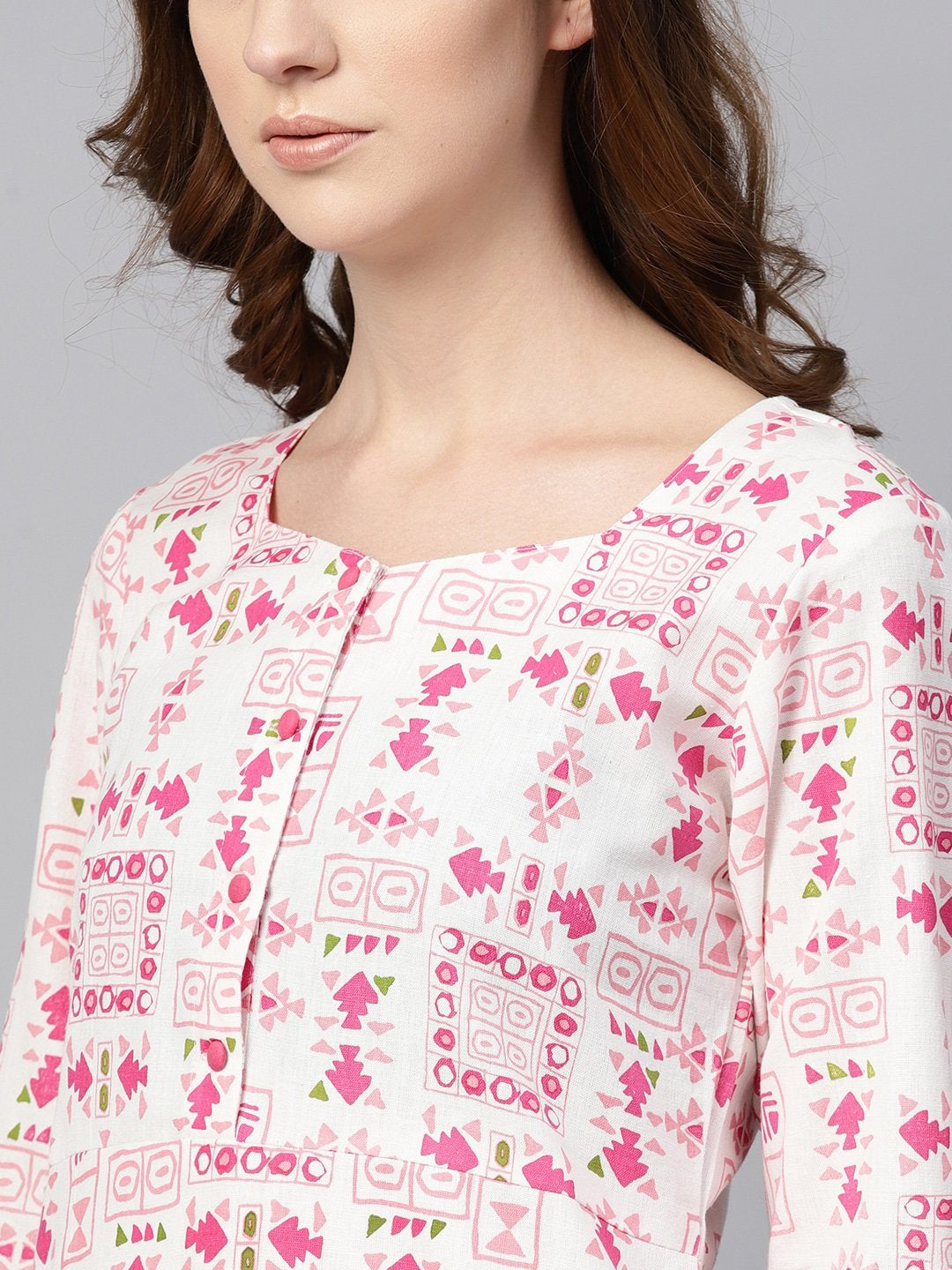 Off White Printed 3/4Th Sleeve Cotton Kurta | LASVINI - Redefining Indian Fashion with Elegance