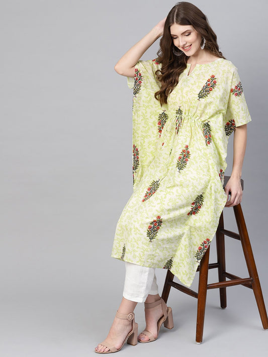 Women Green & Red Printed Kaftan Kurta | LASVINI - Redefining Indian Fashion with Elegance