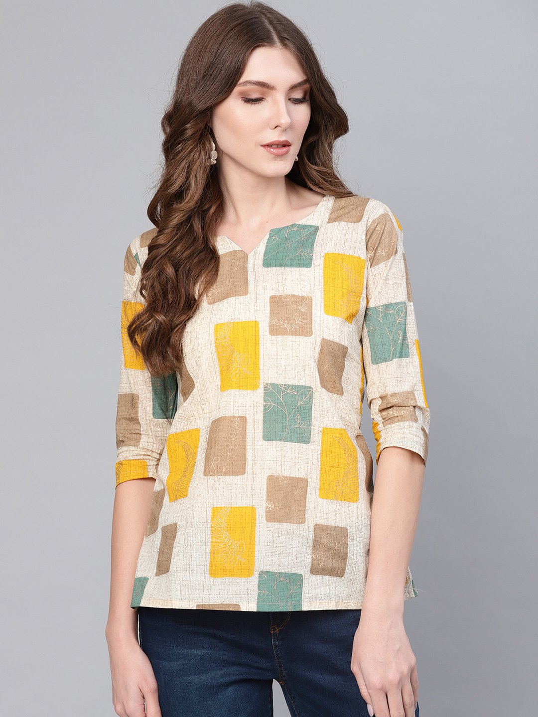 Women Off-White & Mustard Yellow Printed Top | LASVINI - Redefining Indian Fashion with Elegance