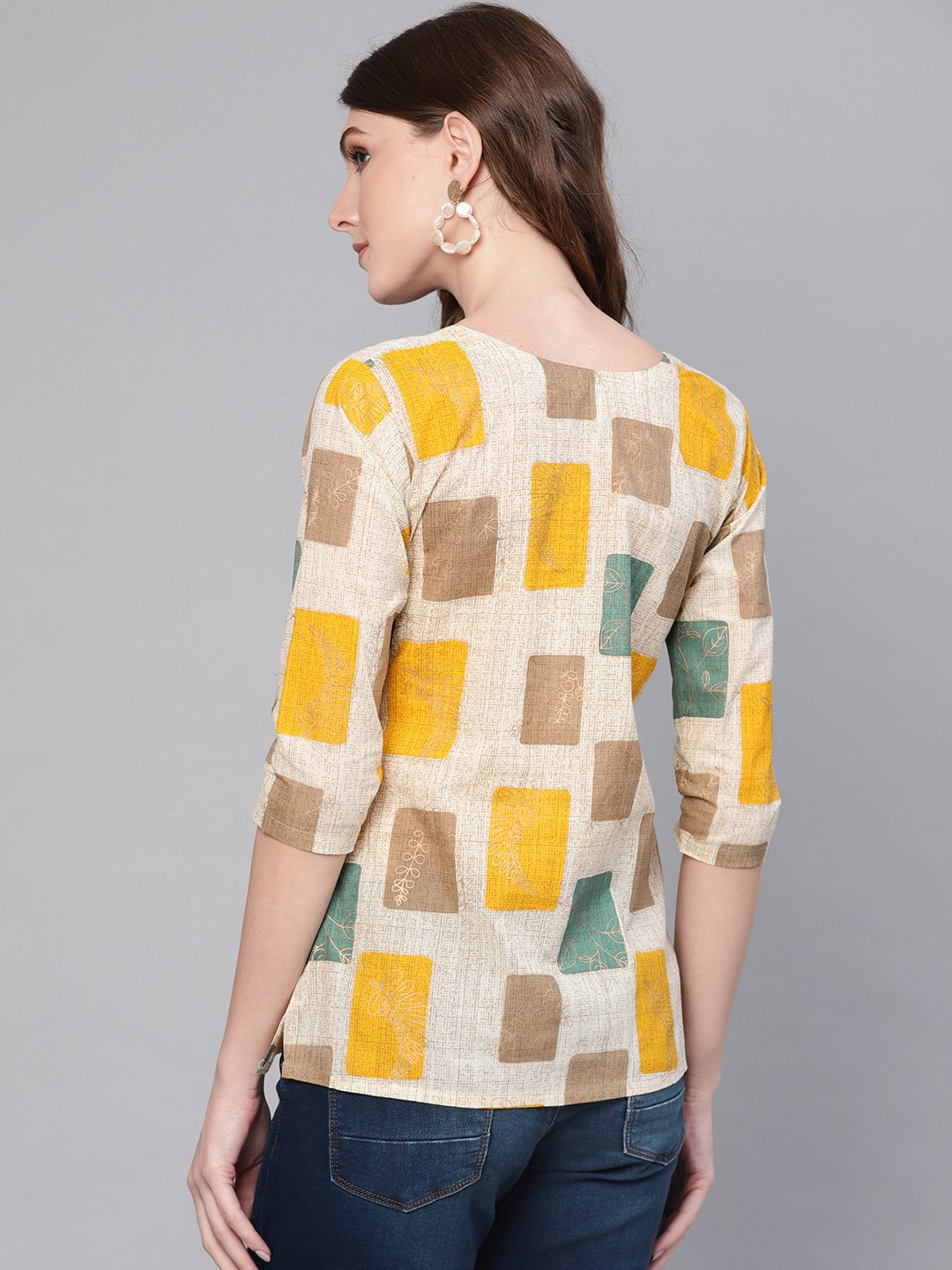 Women Off-White & Mustard Yellow Printed Top | LASVINI - Redefining Indian Fashion with Elegance