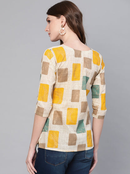 Women Off-White & Mustard Yellow Printed Top | LASVINI - Redefining Indian Fashion with Elegance