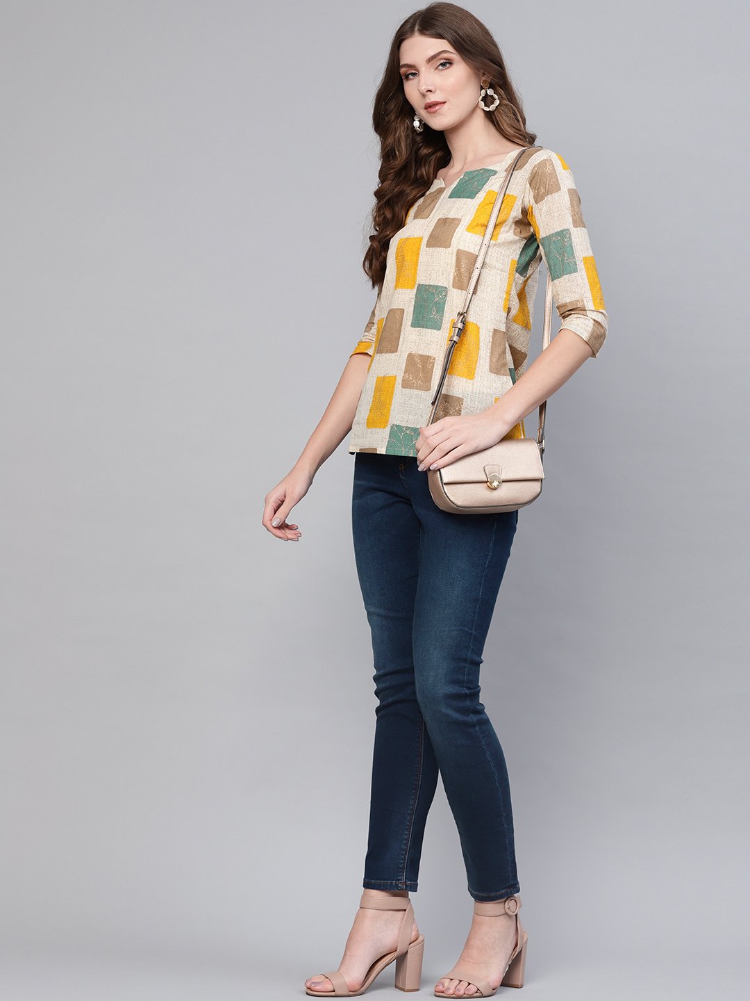 Women Off-White & Mustard Yellow Printed Top | LASVINI - Redefining Indian Fashion with Elegance
