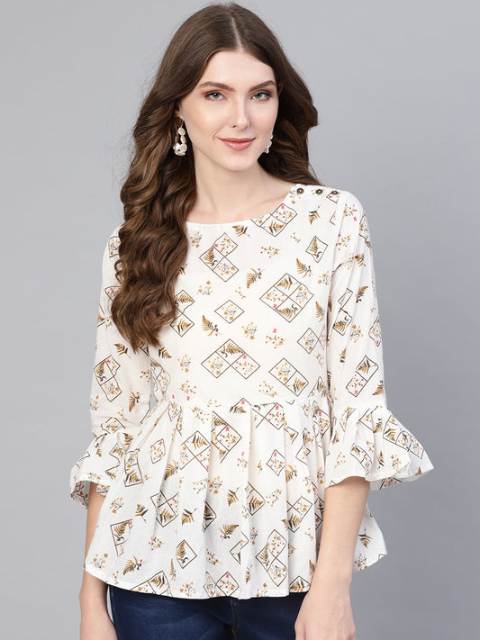 Women White & Brown Printed A-Line Top | LASVINI - Redefining Indian Fashion with Elegance