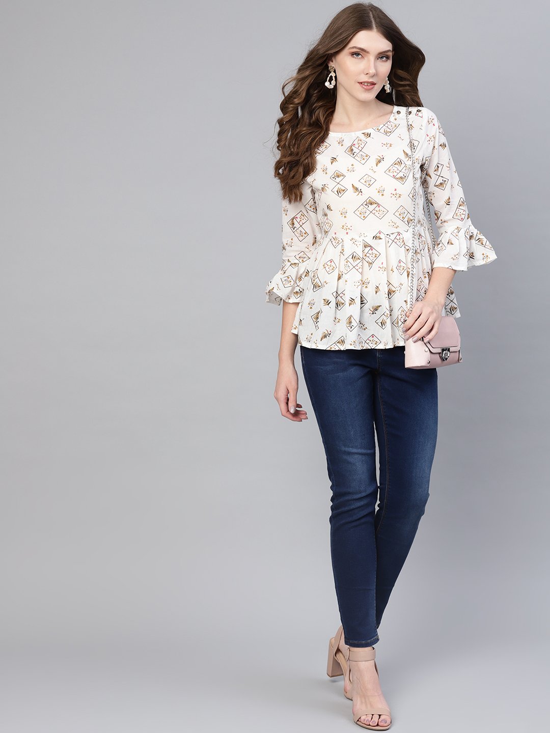 Women White & Brown Printed A-Line Top | LASVINI - Redefining Indian Fashion with Elegance