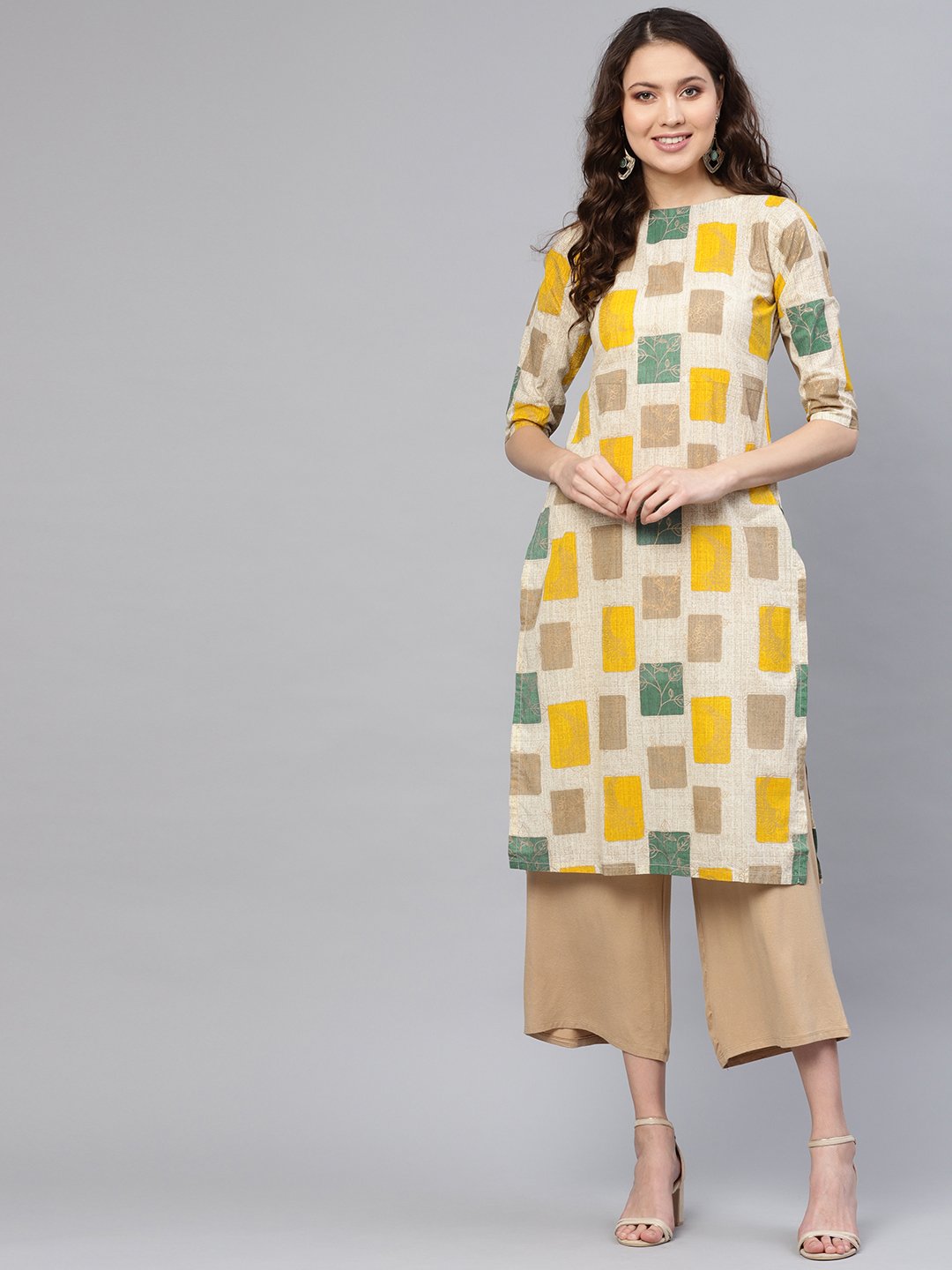 Women Off-White & Mustard Yellow Printed Straight Kurta | LASVINI - Redefining Indian Fashion with Elegance