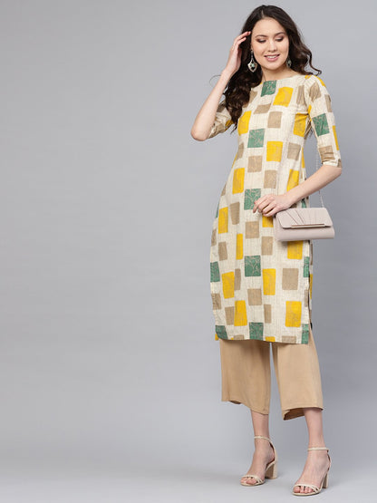 Women Off-White & Mustard Yellow Printed Straight Kurta | LASVINI - Redefining Indian Fashion with Elegance