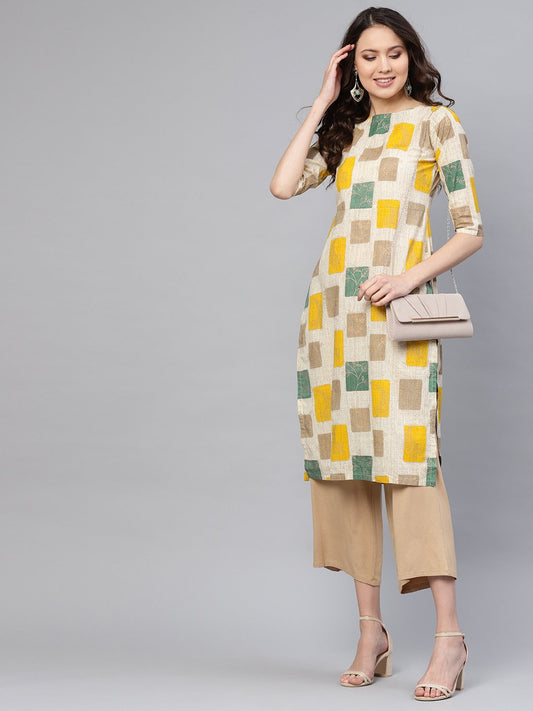 Women Off-White & Mustard Yellow Printed Straight Kurta | LASVINI - Redefining Indian Fashion with Elegance