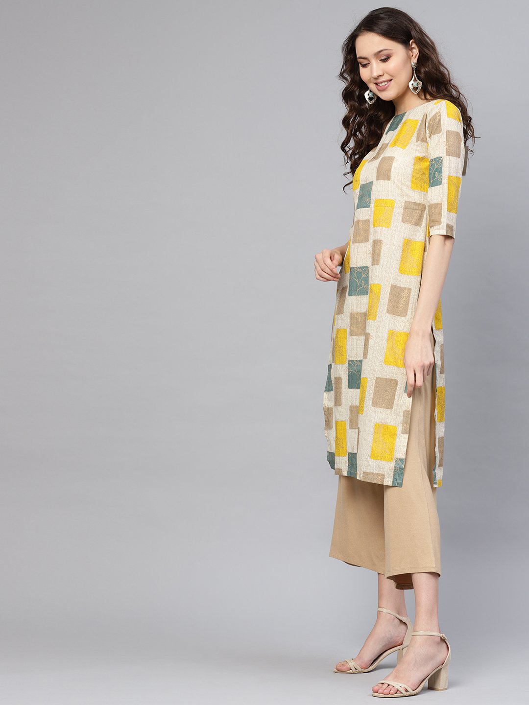 Women Off-White & Mustard Yellow Printed Straight Kurta | LASVINI - Redefining Indian Fashion with Elegance