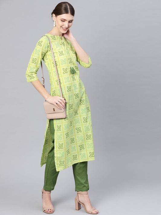 Women Green Bandhani Printed Kurta With Trousers | LASVINI - Redefining Indian Fashion with Elegance