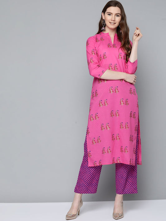 Women Floral Pink With Gold Printed Chinese Collared With 3/4Th Sleeves Straight Kurta With Pink Leheriya Printed Pants | LASVINI - Redefining Indian Fashion with Elegance