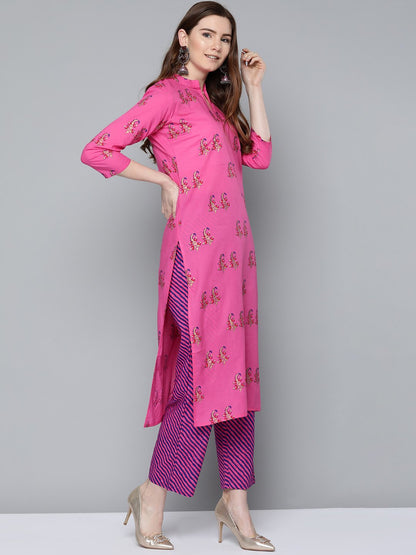 Women Floral Pink With Gold Printed Chinese Collared With 3/4Th Sleeves Straight Kurta With Pink Leheriya Printed Pants | LASVINI - Redefining Indian Fashion with Elegance