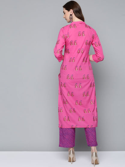 Women Floral Pink With Gold Printed Chinese Collared With 3/4Th Sleeves Straight Kurta With Pink Leheriya Printed Pants | LASVINI - Redefining Indian Fashion with Elegance