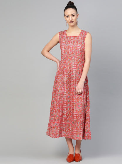 Women Red & Pink Geometric Printed Maxi Dress | LASVINI - Redefining Indian Fashion with Elegance