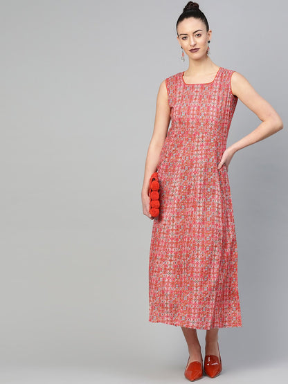 Women Red & Pink Geometric Printed Maxi Dress | LASVINI - Redefining Indian Fashion with Elegance