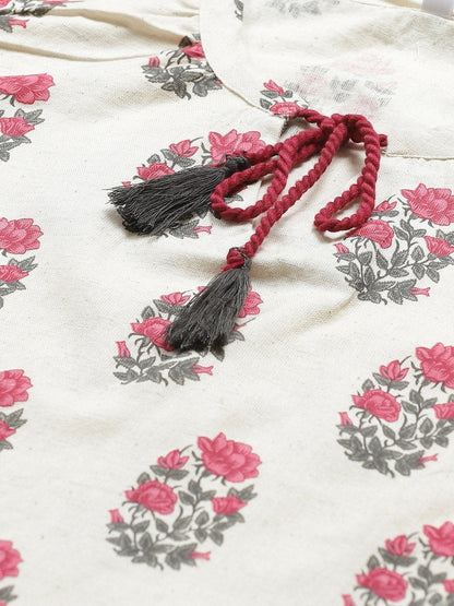 Women Off White & Pink A-Line Floral Printed Tie-Up Neck Top | LASVINI - Redefining Indian Fashion with Elegance