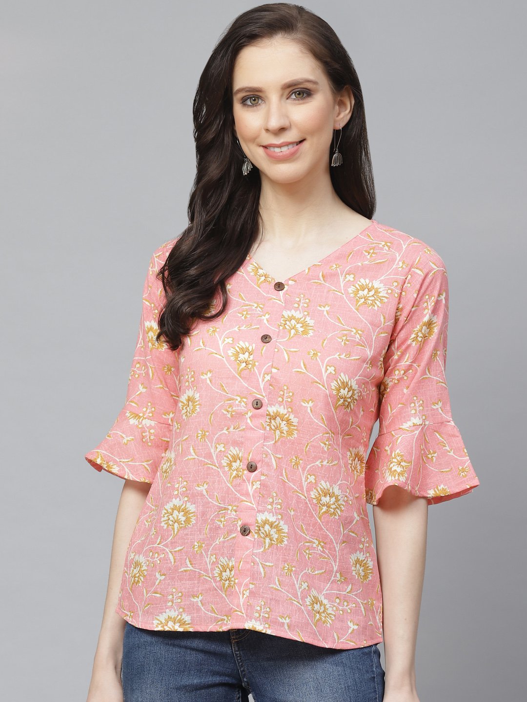 Women Pink & Mustard Regular Floral Printed V-Neck Top | LASVINI - Redefining Indian Fashion with Elegance