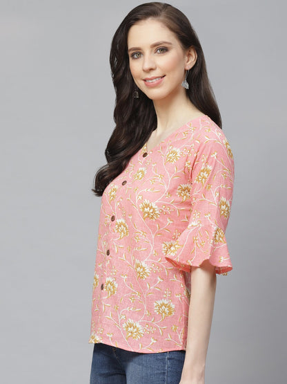 Women Pink & Mustard Regular Floral Printed V-Neck Top | LASVINI - Redefining Indian Fashion with Elegance