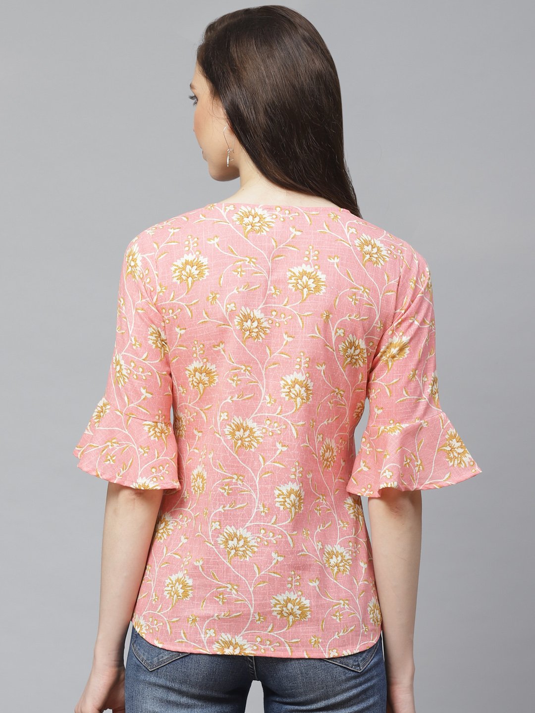 Women Pink & Mustard Regular Floral Printed V-Neck Top | LASVINI - Redefining Indian Fashion with Elegance