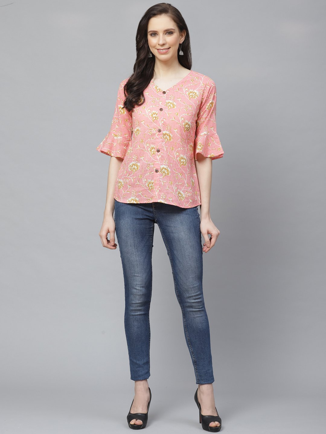 Women Pink & Mustard Regular Floral Printed V-Neck Top | LASVINI - Redefining Indian Fashion with Elegance