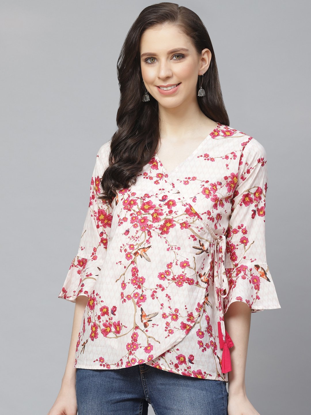 Women Off White & Pink Wrap Floral Printed V-Neck Top | LASVINI - Redefining Indian Fashion with Elegance