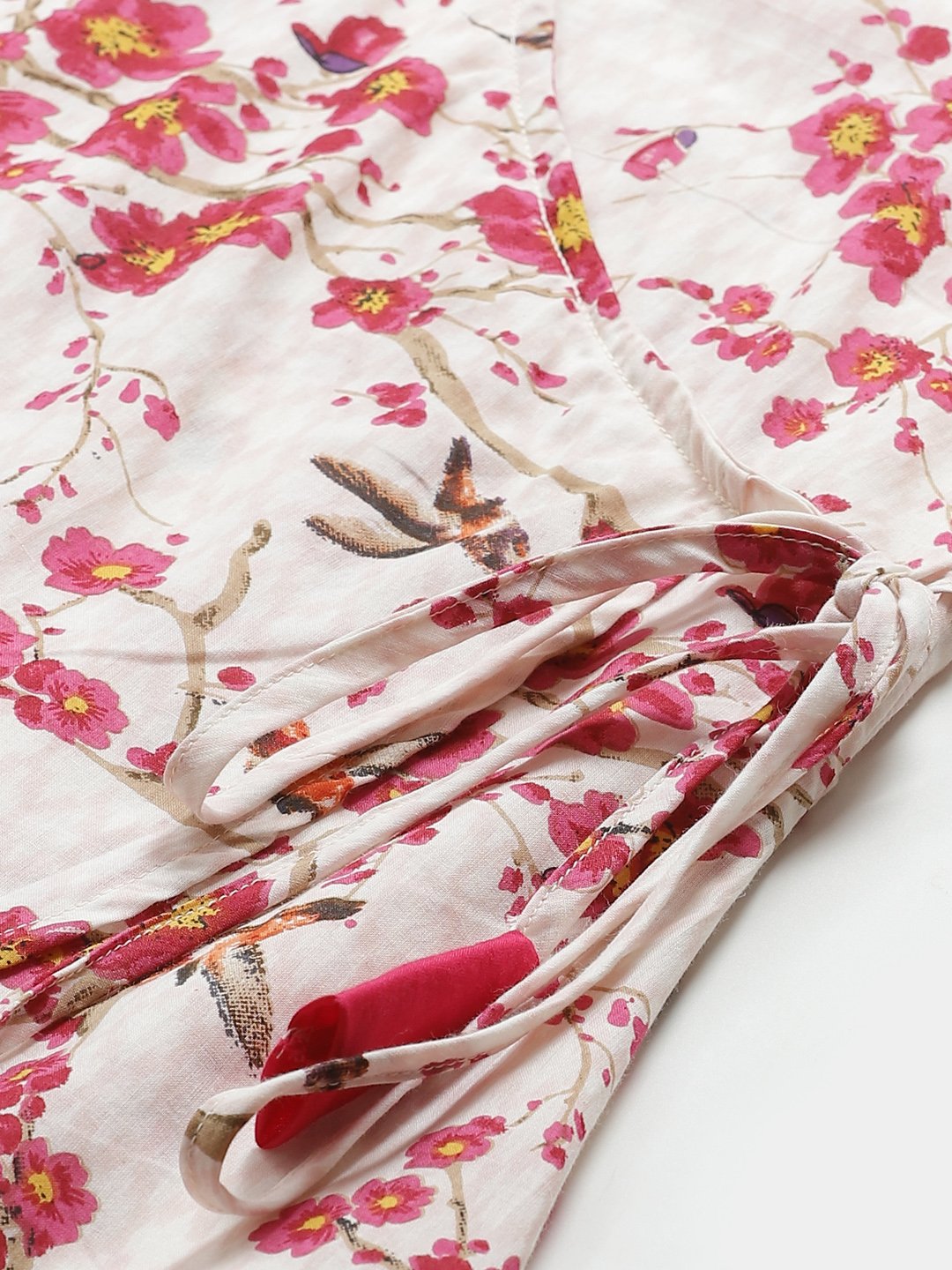 Women Off White & Pink Wrap Floral Printed V-Neck Top | LASVINI - Redefining Indian Fashion with Elegance