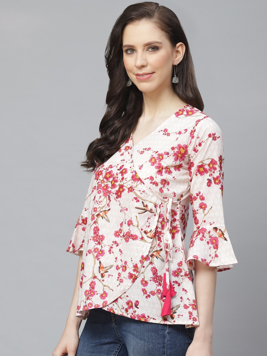 Women Off White & Pink Wrap Floral Printed V-Neck Top | LASVINI - Redefining Indian Fashion with Elegance
