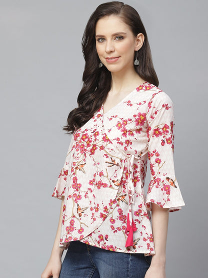Women Off White & Pink Wrap Floral Printed V-Neck Top | LASVINI - Redefining Indian Fashion with Elegance