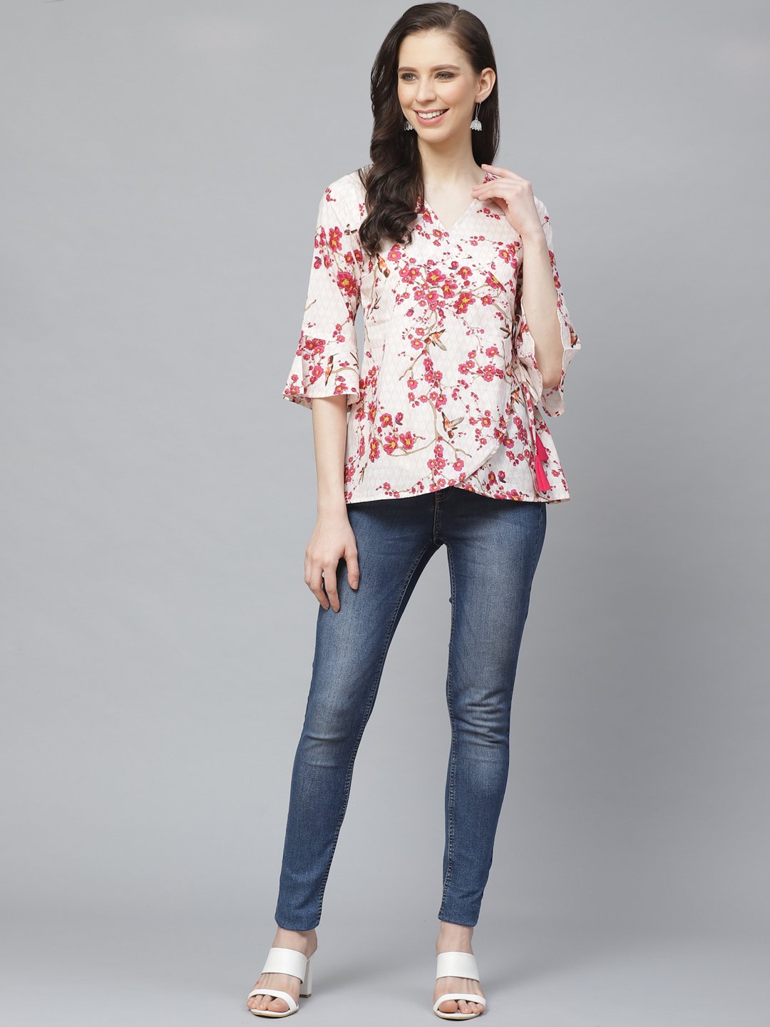 Women Off White & Pink Wrap Floral Printed V-Neck Top | LASVINI - Redefining Indian Fashion with Elegance