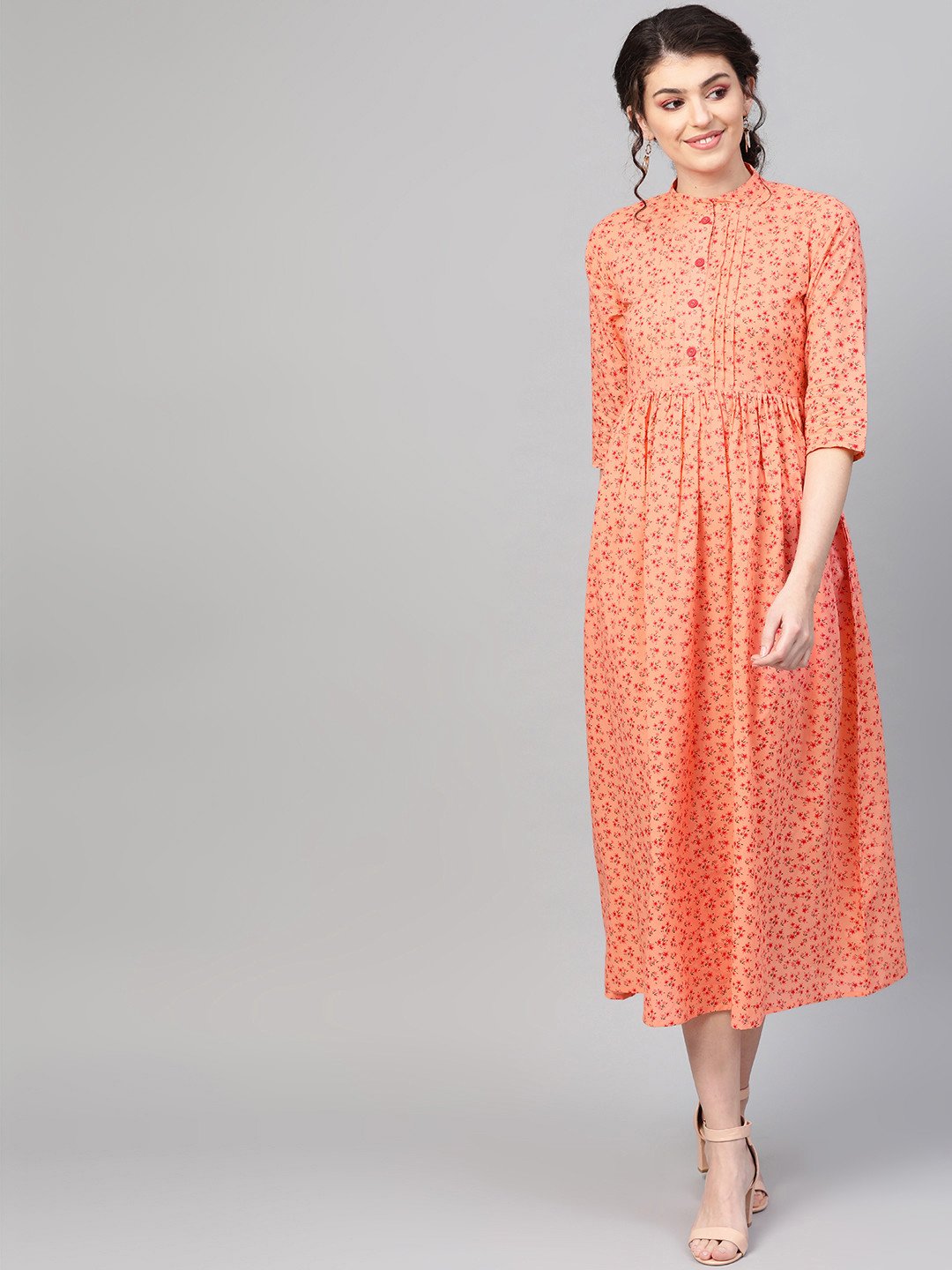 Women Peach &  Floral Printed Maxi Dress | LASVINI - Redefining Indian Fashion with Elegance