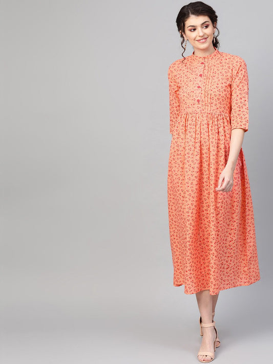 Women Peach &  Floral Printed Maxi Dress | LASVINI - Redefining Indian Fashion with Elegance