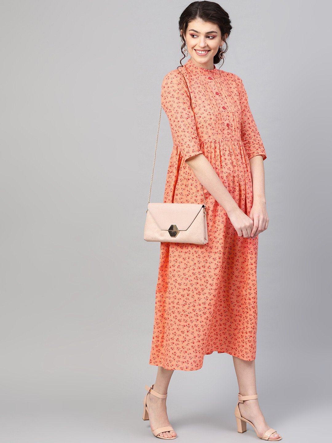 Women Peach &  Floral Printed Maxi Dress | LASVINI - Redefining Indian Fashion with Elegance