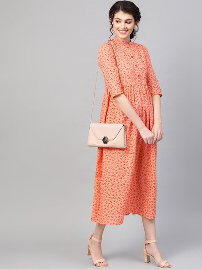 Women Peach &  Floral Printed Maxi Dress | LASVINI - Redefining Indian Fashion with Elegance