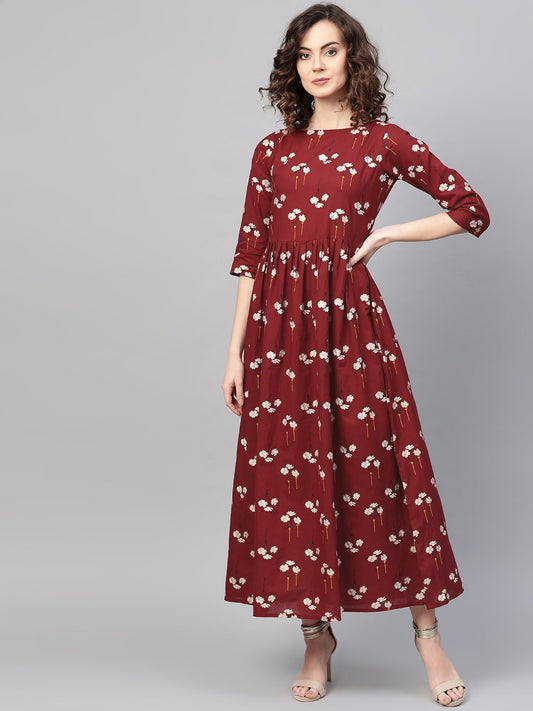 Women Maroon & White Floral Printed Maxi Dress | LASVINI - Redefining Indian Fashion with Elegance