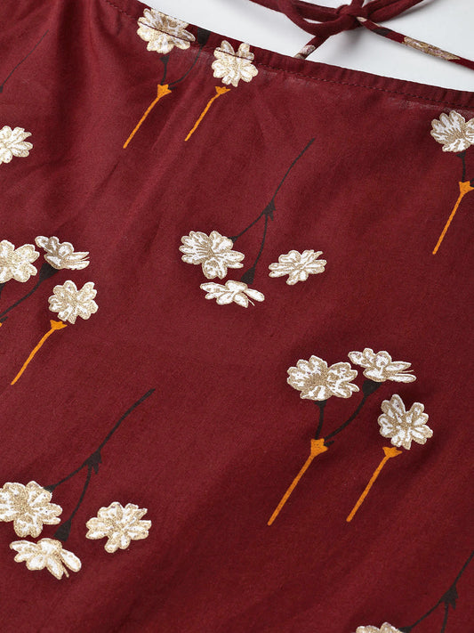 Women Maroon & White Floral Printed Maxi Dress | LASVINI - Redefining Indian Fashion with Elegance