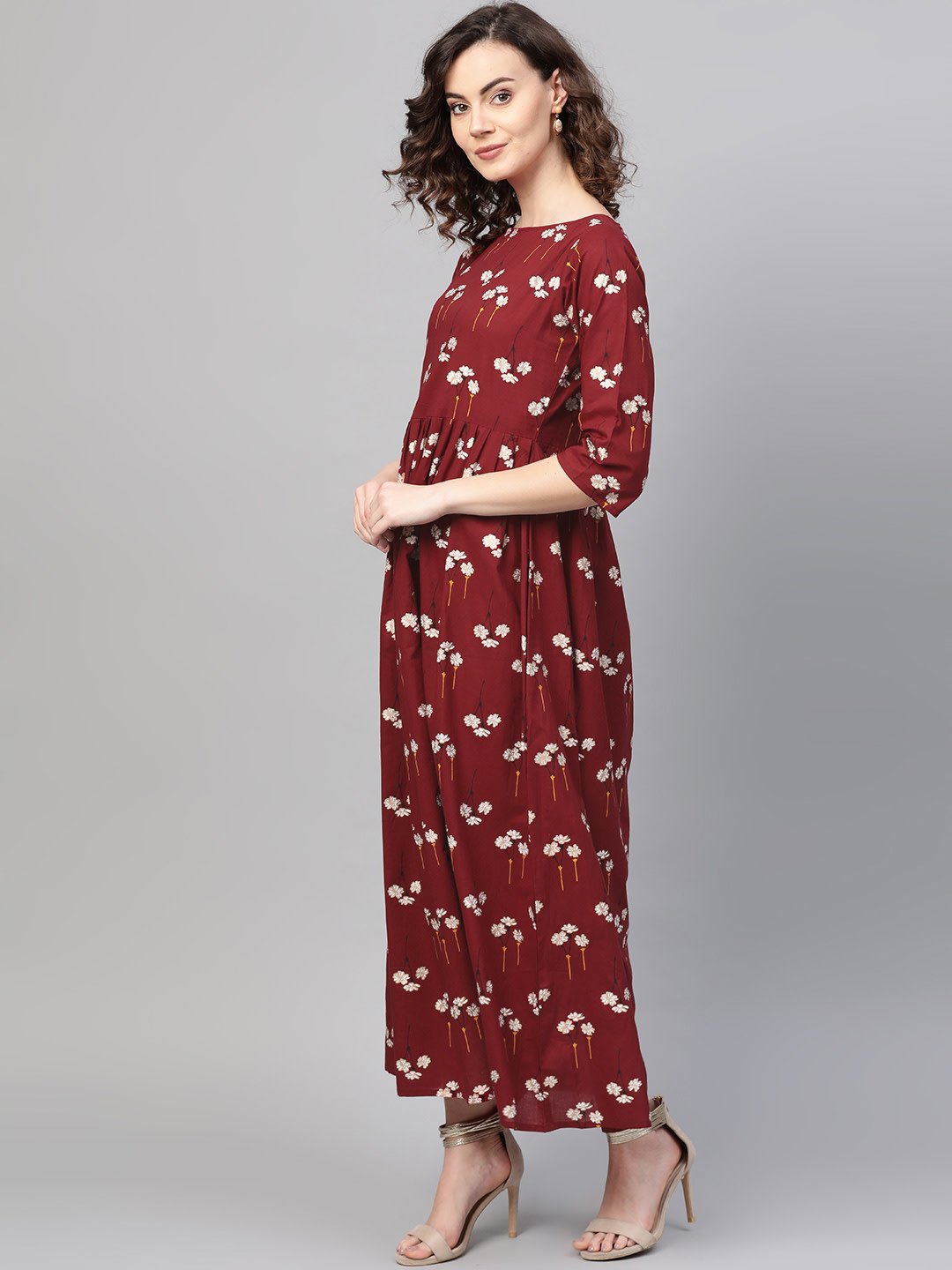 Women Maroon & White Floral Printed Maxi Dress | LASVINI - Redefining Indian Fashion with Elegance